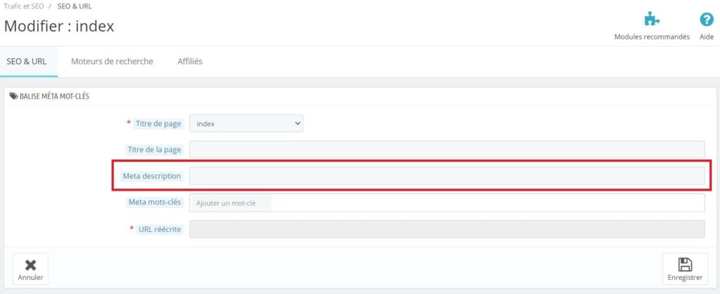 Modifier la méta description de la page d'accueil sur Prestashop