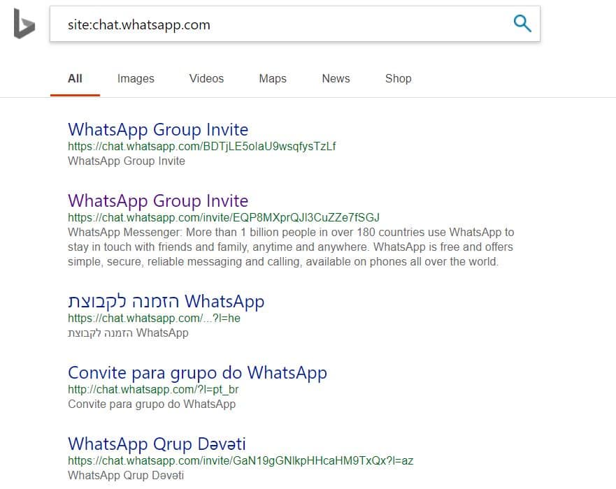 Résultat SERP Bing indexation Whatsapp