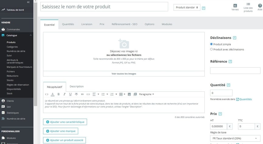 Interface PrestaShop - nouveau produit